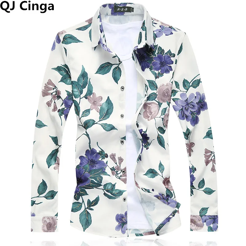 Small Stretch White Printed Long Sleeve Shirt, Men\'s Single Breasted Square Collar Shirts Men, Casual Camisa Male Chemise