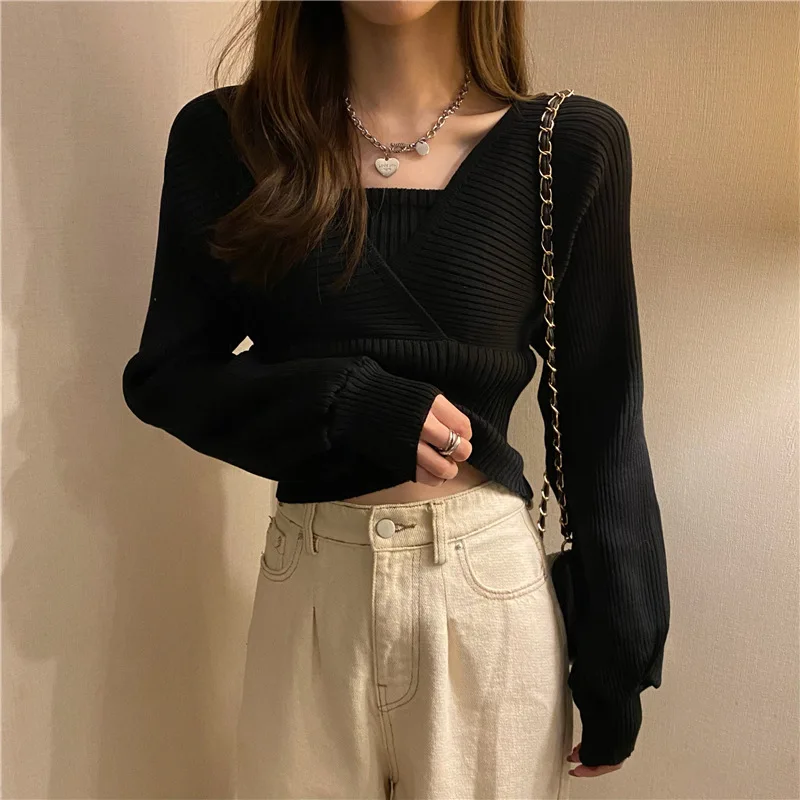 Women Clothing Commute Black Slim Long Sleeved Knit Korean Sweater Ladies Blouse Pullover Warm Casual Soft Tops Jumper