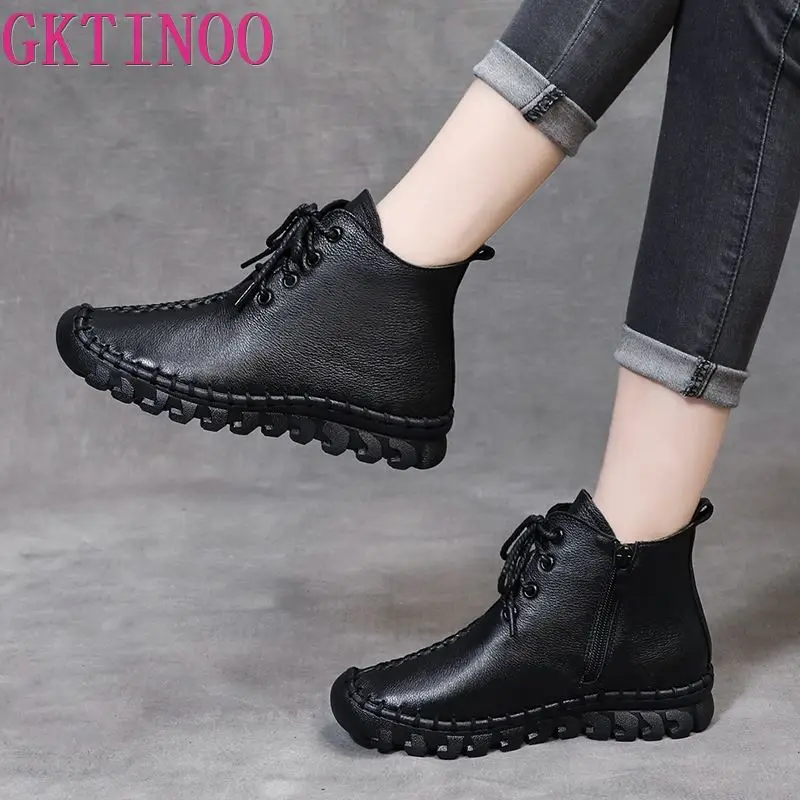 GKTINOO Winter Ankle Boots Women Genuine Leather Shoes Woman Autumn Rubber Boots Female Lace-Up Shoes Flat with Fur Botas Mujer