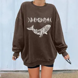 Vintage Women Hoodies Sweatshirts Whale Moon Print Drop-shoulder Long Sleeve Loose Sweatshirts Graphic Sport Top Clothes Moletom