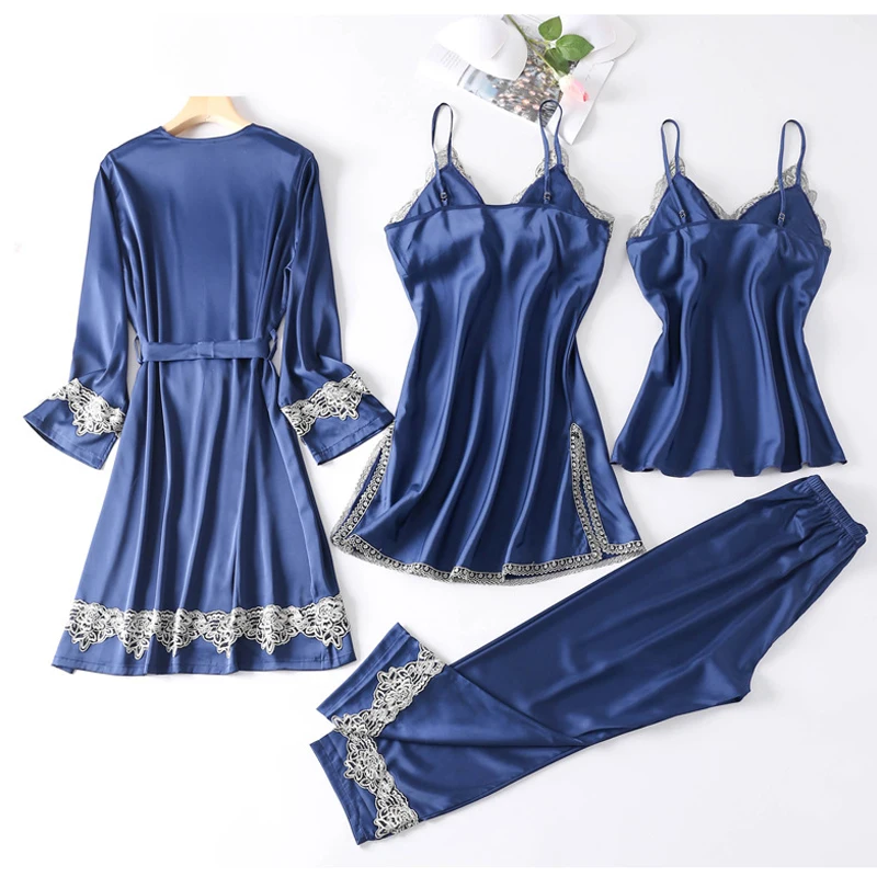 Robe Sets 4 PCS Women Pajamas Lace Spring Silk Nightdress Female Sleepwear Set Elegant Sexy Fashion Autumn Woman Homewear 2021