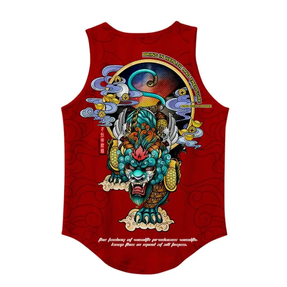 Men Red Dragon Print Tank Top Fitness Singlet Sleeveless Shirt Workout Man Undershirt Clothing New