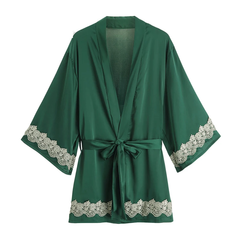 Yhotmeng Nightgown Bathrobe for woman sloth sleepwear Lace pink green sleeve Seven points Home wear  ice silk casual pajamas