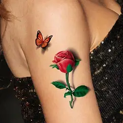 Autocollant de Tatouage Temporaire 3D Imperméable Coloré Papillon Fleur Rose pour Femme
