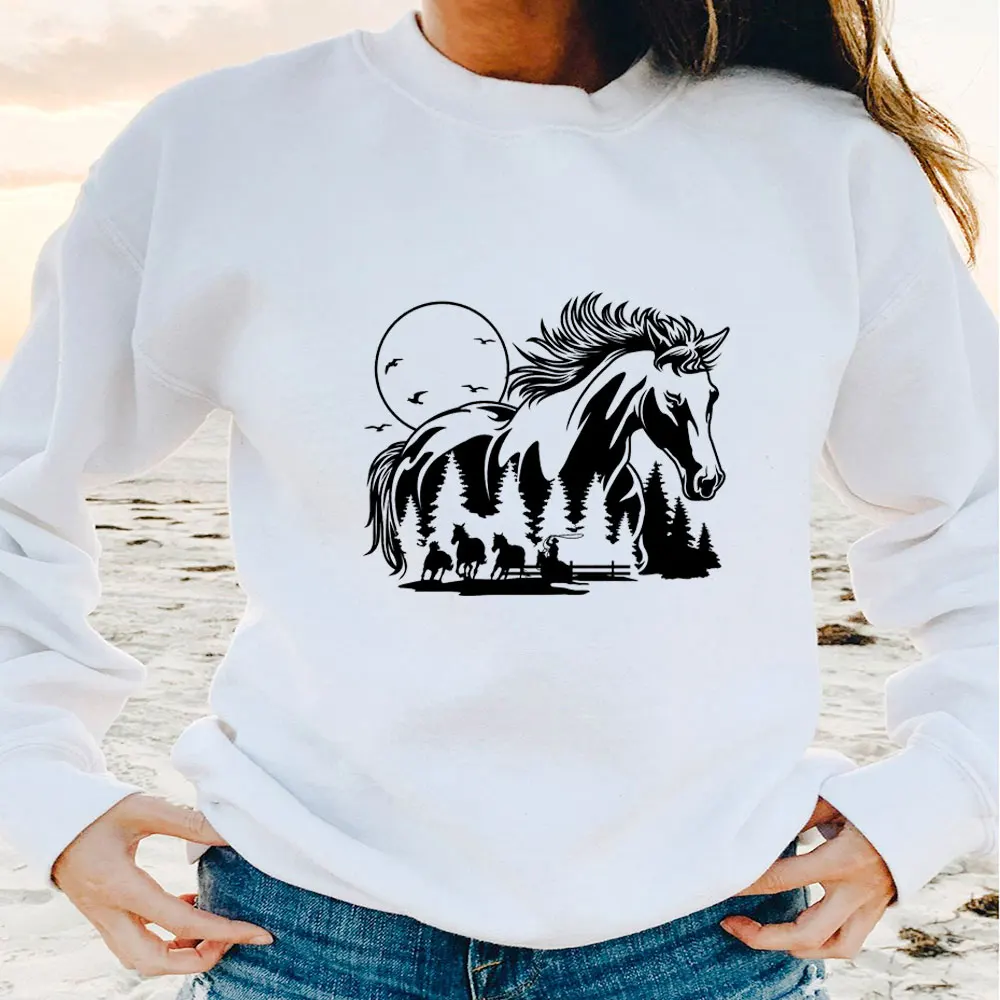 

New Arrvial Love Horses 100%Cotton Print Women Sweatshirt Horse Girl Funny Casual Winter O-Neck Long Sleeve Top Gift for Mother