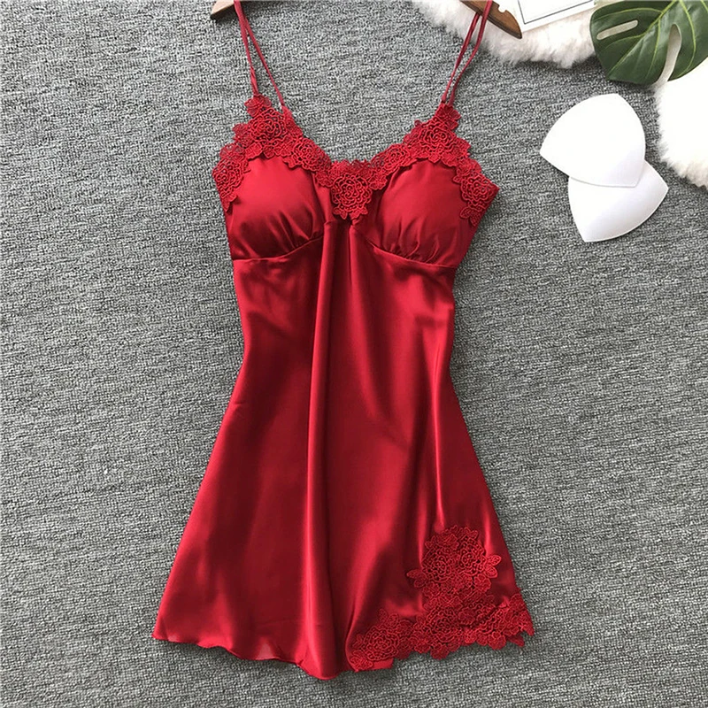 

Women's Sexy Lingerie Silk Nightgown Summer Dress Lace Night Dress Sleepwear Babydoll Nightie Satin Homewear Chest Pad Nightwear