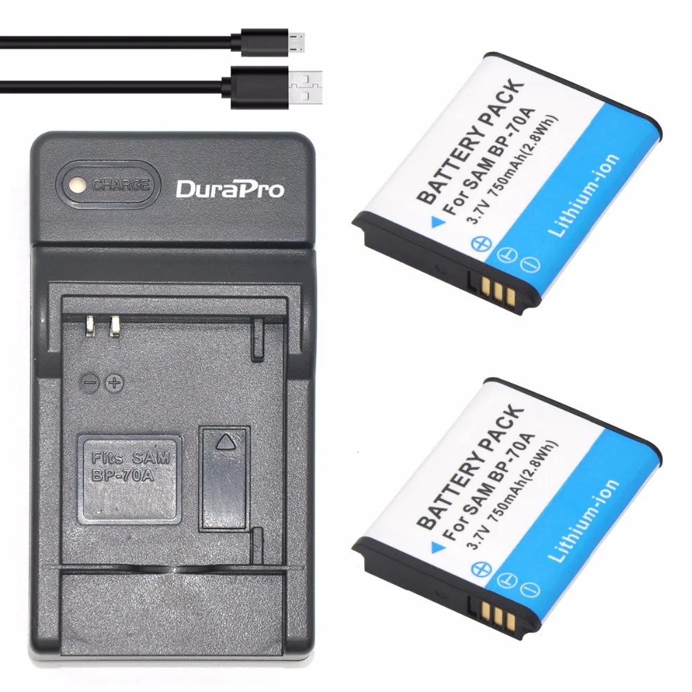 DuraPro 2pc BP 70A BP-70A 750mAh Rechargeable Camera Battery + USB Charger for Samsung ST60 ST61 ST70 ST71 ES65 ES67 Camera