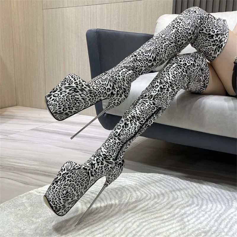 2021 winter new over-the-knee leopard print boots 19cm steel heel plus size sexy zipper high-tube round-toe women\'s boots