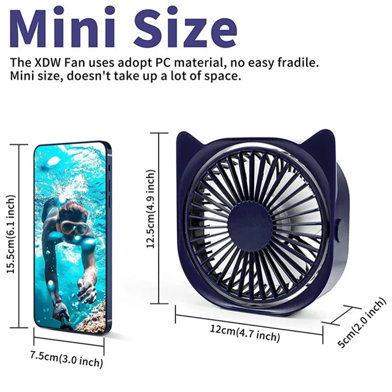 Мини-вентилятор Настольный портативный бесшумный с 3 скоростями, 360 °