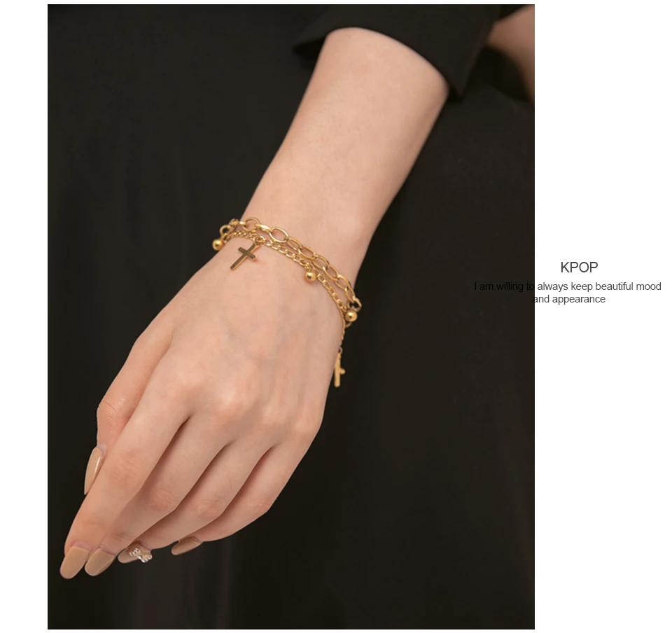 Yhpup Edelstahl Kreuz Layered Armband für Frauen Charme Metall 14 K Überzog Trendy Goldene Handgelenk Einzigartige Design Schmuck брелок – Detail 4