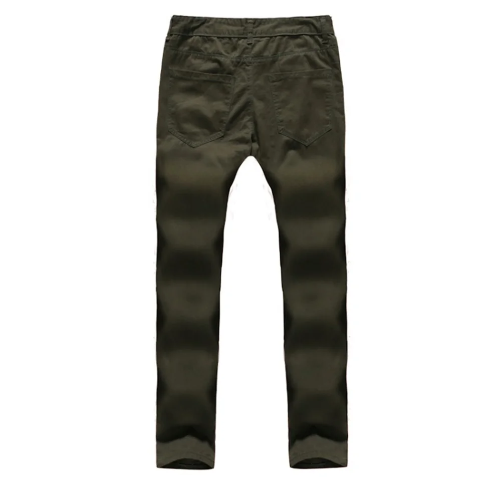 Summer  Army Green Stiletto Jeans Men's Ripped Holes Wrinkled Wave Stripes Decorated High Stretch Pants Slim Locomotive Frayed