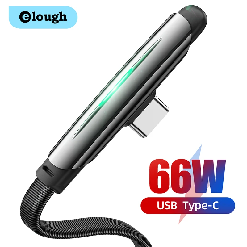 Elough 6A USB Type C Cable 90 Elbow LED USB C Cable Type C Fast Charge 66W Data Cord Wire For Charging For Xiaomi Redmi Samsung