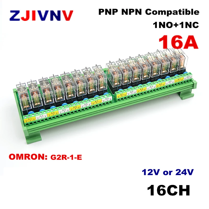 

16 Channels 1NO+ 1NC, 1 SPDT DIN Rail Mount Interface Relay Module with G2R-1-E 16A INPUT DC 12V 24V PNP NPN compatible