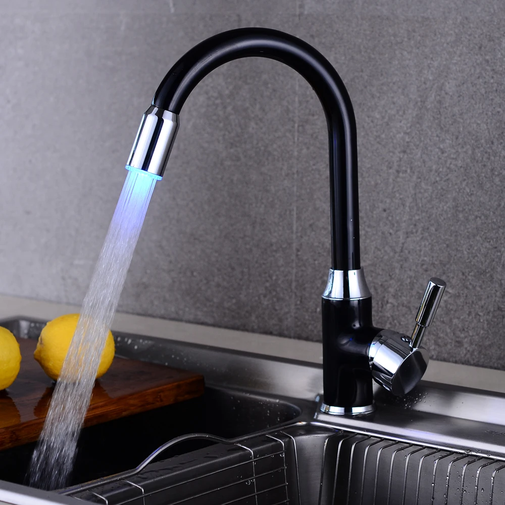 Black Led Light Tap Bathroom Kitchen Faucets Swivel Sink Temperature Sensor Color Led Mixer Tap B3276
