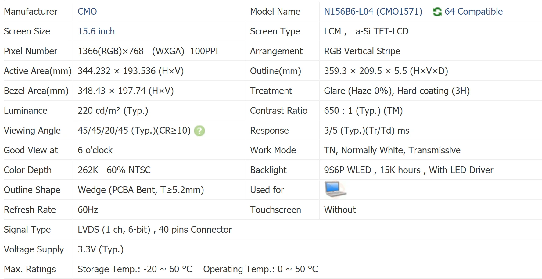 N156B6-L04 15,6 ZOLL Laptop display screen, 1366*768 LVDS 40 pins, neue & original