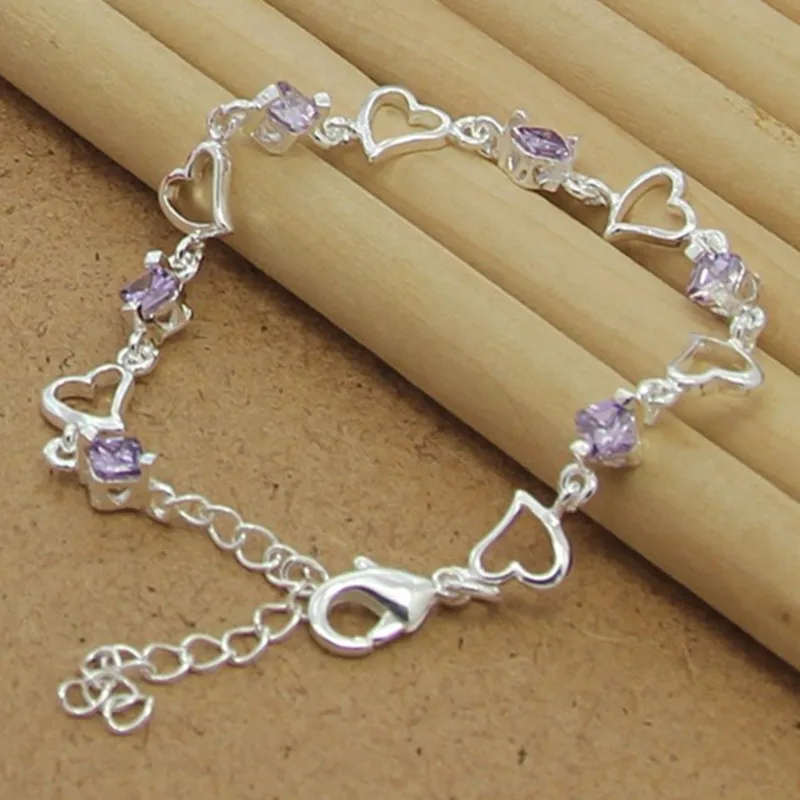 High Quality 925 Sterling Silver Bracelet Heart Purple Crystal Zircon Bracelet For Woman Party Engagement Jewelry Gift