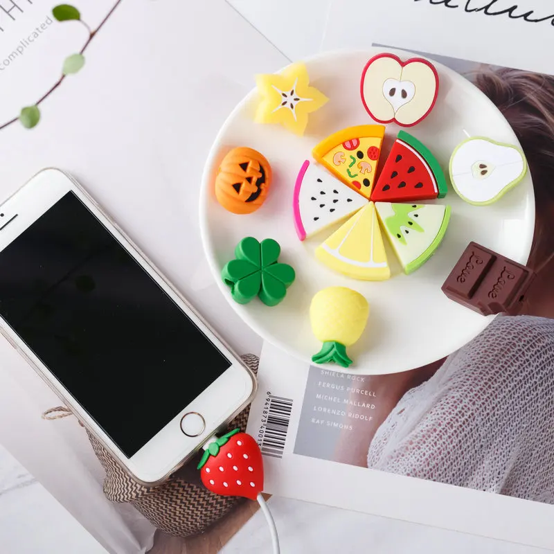 10Pcs Cute Cartoon Mini Fruits Pizza Chocolate 13 Designs USB Charging Data Line Cable Protector Cord Cover Case