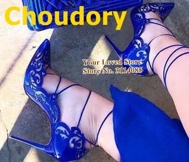 Choudory Thin High Heels Floral Cut-out Dress Shoes Pointed Toe Flowers Carved Pattern Wedding Pumps Lace-up Cross Strappy Shoes