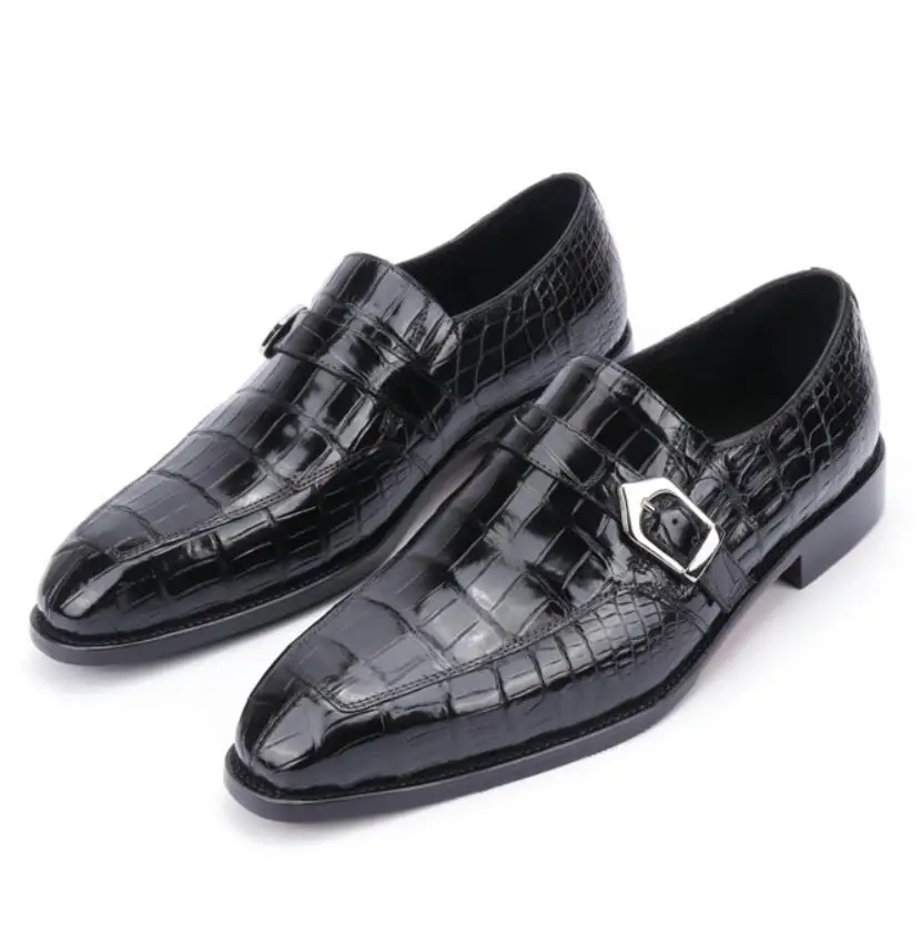 Sipriks Mens Casual Leather Shoes Black Crocodile Skin Single Monk Strap Italian Goodyear Welted Shoes Slip on Wedding Dress 44