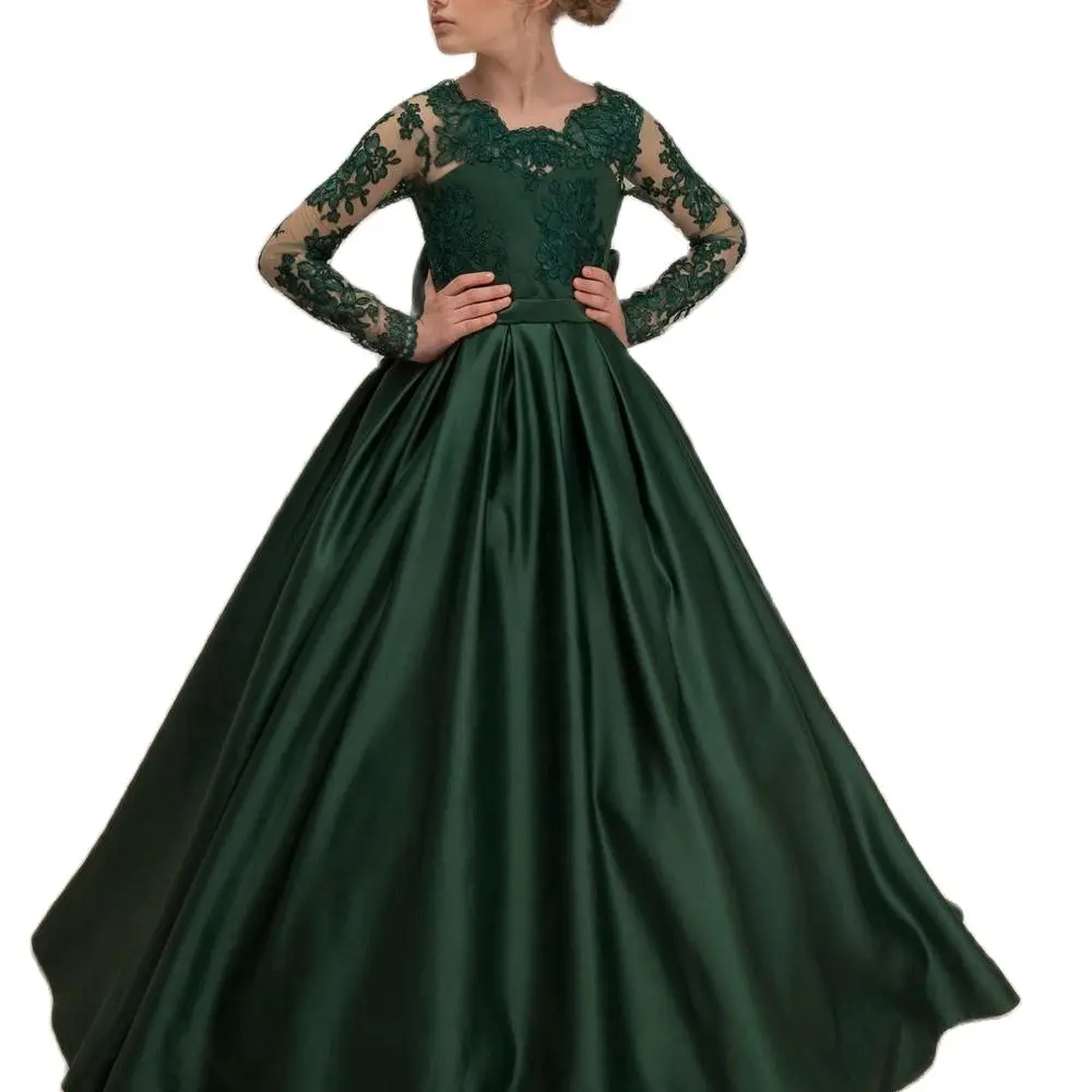 

Lovely Satin Dark Green Ball Gown Kids Pageant Dress with Lace Long Sleeves for Girls Aged 4-12 Years