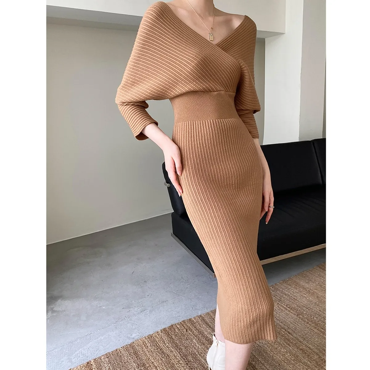Gestrickte Pullover Kleid Frauen Herbst Winter Neue V-ausschnitt Mit Langen Schlanken Stricken Kleider Weibliche Hohe Taille Elegante Abend Party Kleid
