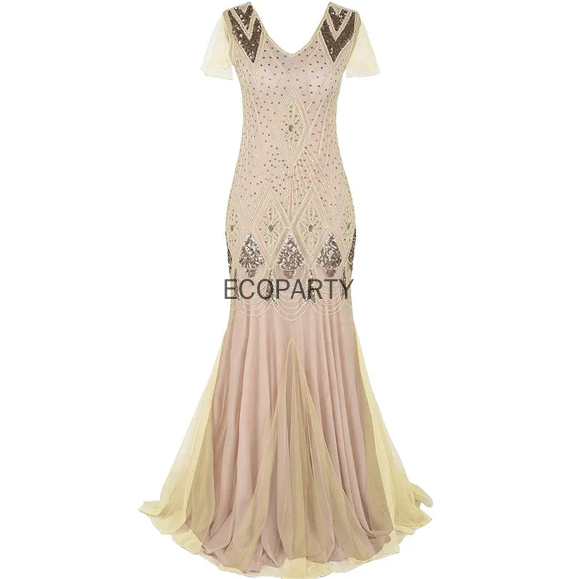 cq03-12Women 1920s Great Gatsby Dress Long 20s Flapper Dress Vintage V Neck Short Sleeve Maxi Party Dress for Prom Cocktail