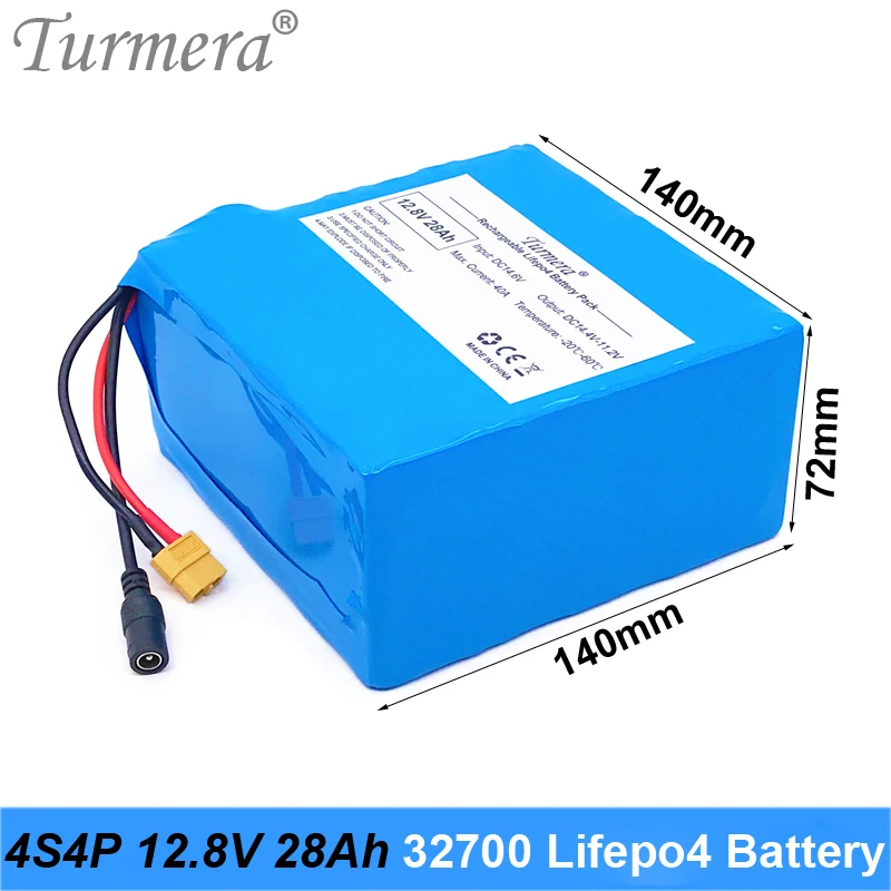 Turmera 32700 Lifepo4 Battery Pack 4S4P 12.8V 28Ah with 4S 40A Balanced BMS for Electric Boat and Uninterrupted Power Supply 12V