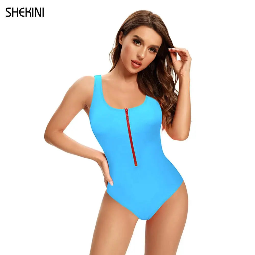 SHEKINI Women\'s Zipper Front Low Back High Cut One Piece Swimsuit Bathing Suit No Padding Bra Swimwear 2021 Beach Clothes