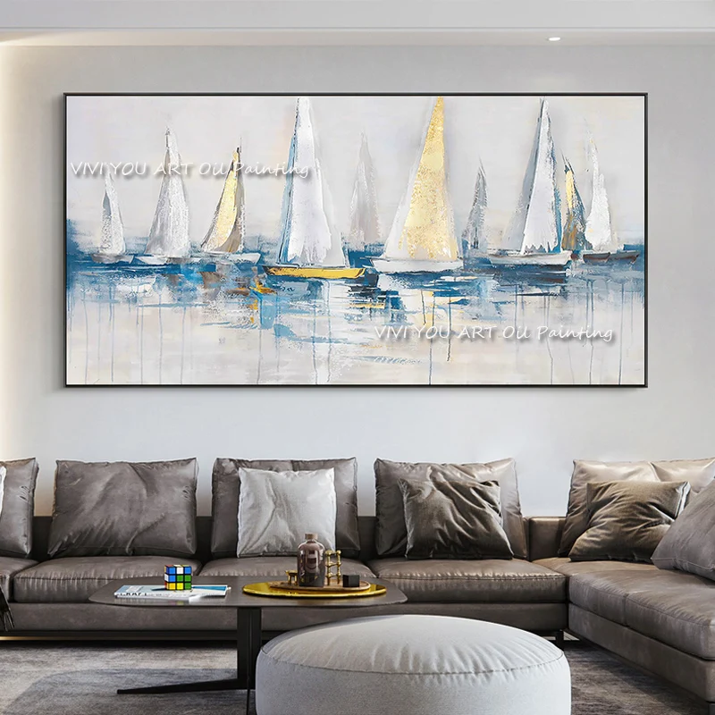 The Ship River View Creactive Modern Abstract Thick Unframed Oil Painting On Canvas Knife Painting Wall Art Decor for Office