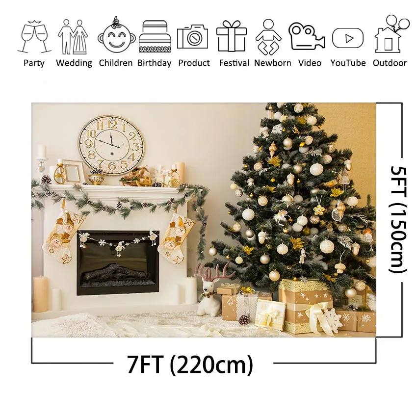 Mocsicka Christmas Backdrop Indoor Fireplace Clock Photographic Background Christmas Tree Background for Photo Studio