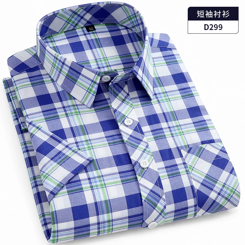 

2021 New Men Shirt Short Sleeve Summer Turn-Down Collar Cloth Business Casual Regular Fit Plaid Checked W/Pocket DA467