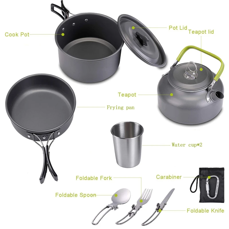 Camping Cookware Kit Outdoor Aluminum Cooking Set Tableware Cooking Utensils Pan Set With Foldable Knife Fork Water Kettle