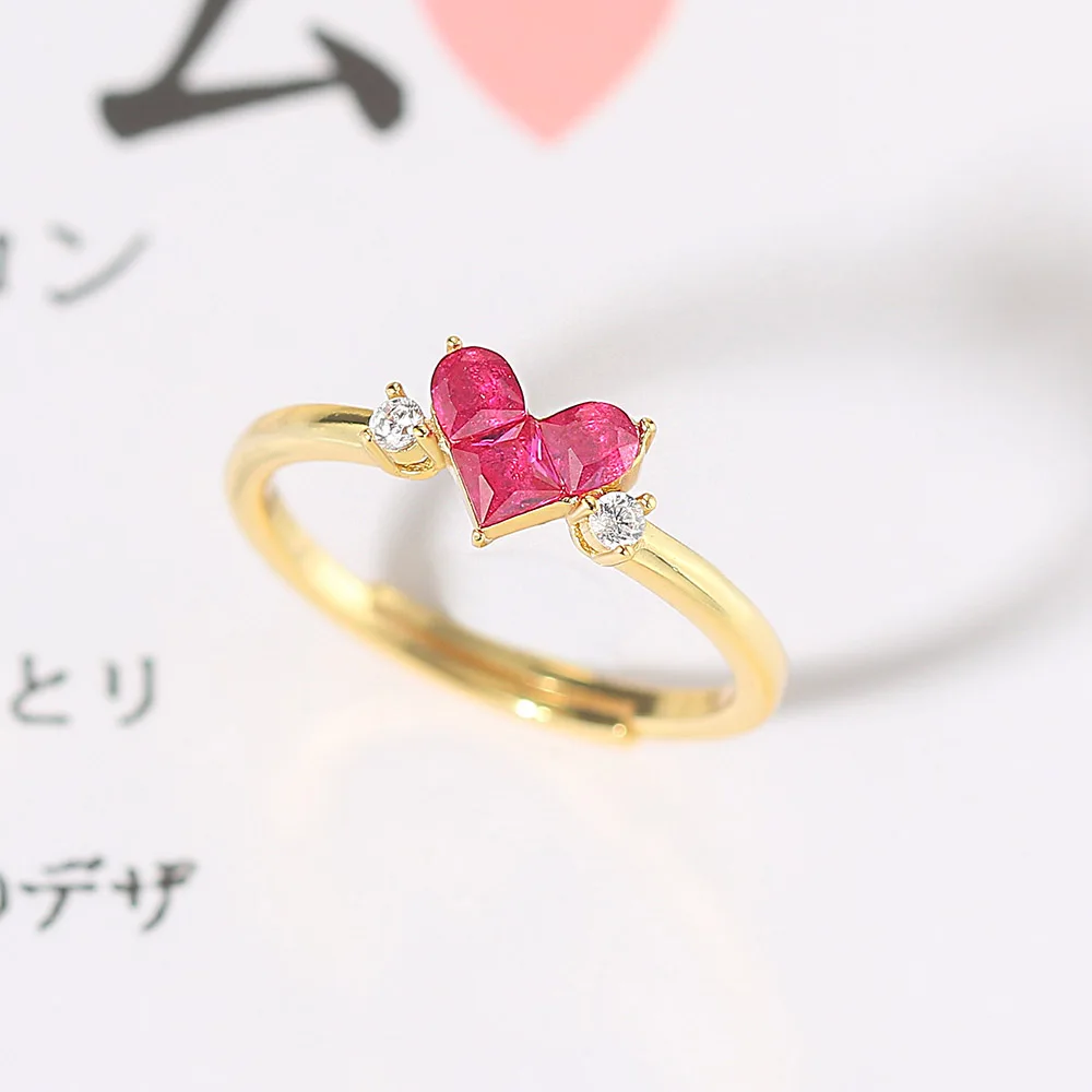 LAMOON 925 Silver Ring For Women Cute Sweety Heart Synthetic Corundum 14K Gold Plated Fine Jewelry Gift Japanese Style LMRI151