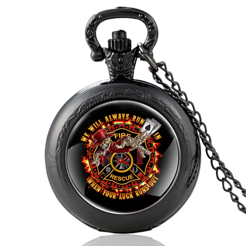 Unique Fireman Design Glass Cabochon Fire Rescue Vintage Quartz Pocket Watch FOB Men Women Pendant Necklace Hours Clock