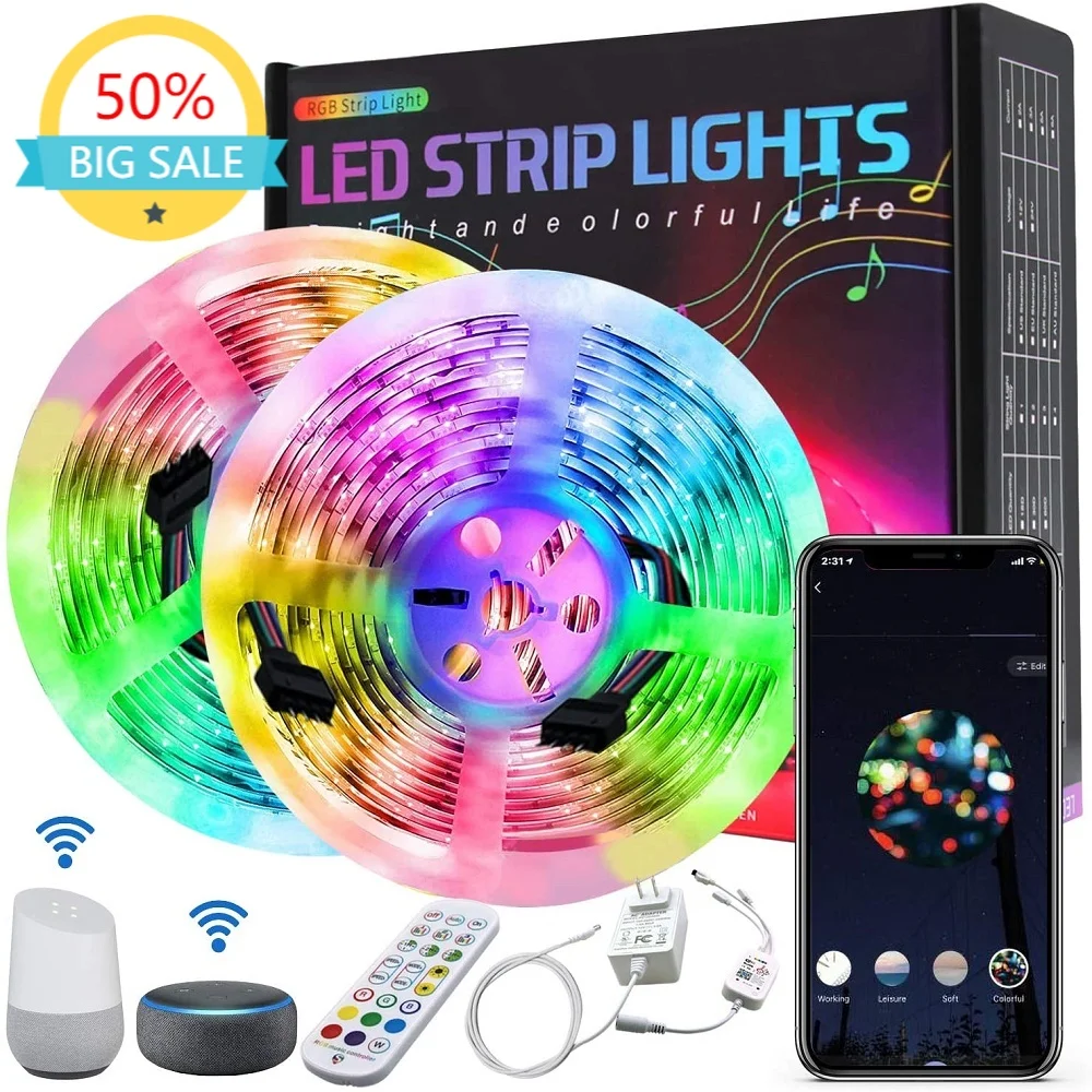 5M 10M Work Tuya WiFi Smart Music Stripe RGB SMD5050 Color Tape LED Lights with Alexa Google Assistant Voice Control