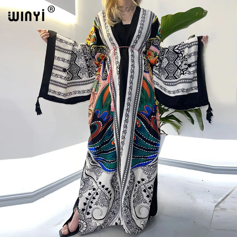 WINYI-Robe de seda feminino, manga Batwing, cardigã maxi, robe costurado, coquetel sexy, Boho, feriado africano, primavera, 2021