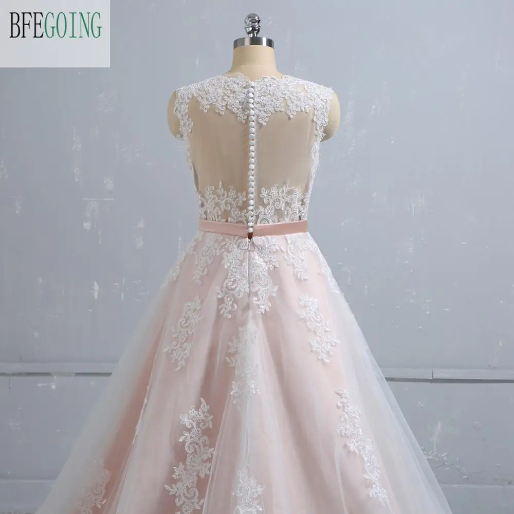 Ivory Lace Tulle Blush Pink V-Neck Sleeveless  Floor-Length A-Line Wedding Dress Court Train Custom Made