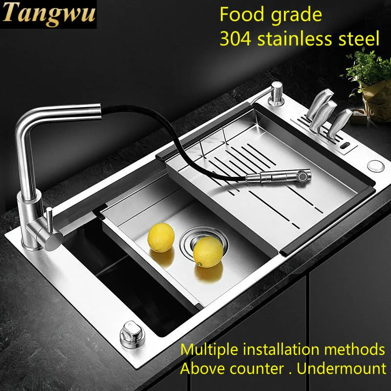 Free shipping Apartmen kitchen manual sink single trough push-button drainer food grade stainless steel big 81x43 CM