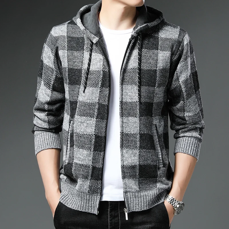 Men's Fleece Thick Knit Cardigan Sweater Fashion Plaid Hooded Jacket Korean Zipper Warm Sweater Casual Men's Wear