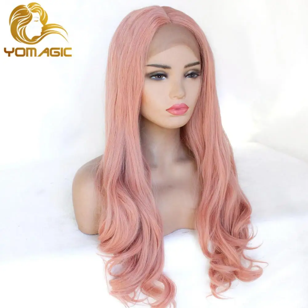 Yomagic Hair Rose Pink Synthetic Hair Wigs with Natural Hairline Long Body Wave Glueless Lace Front Wigs For Women