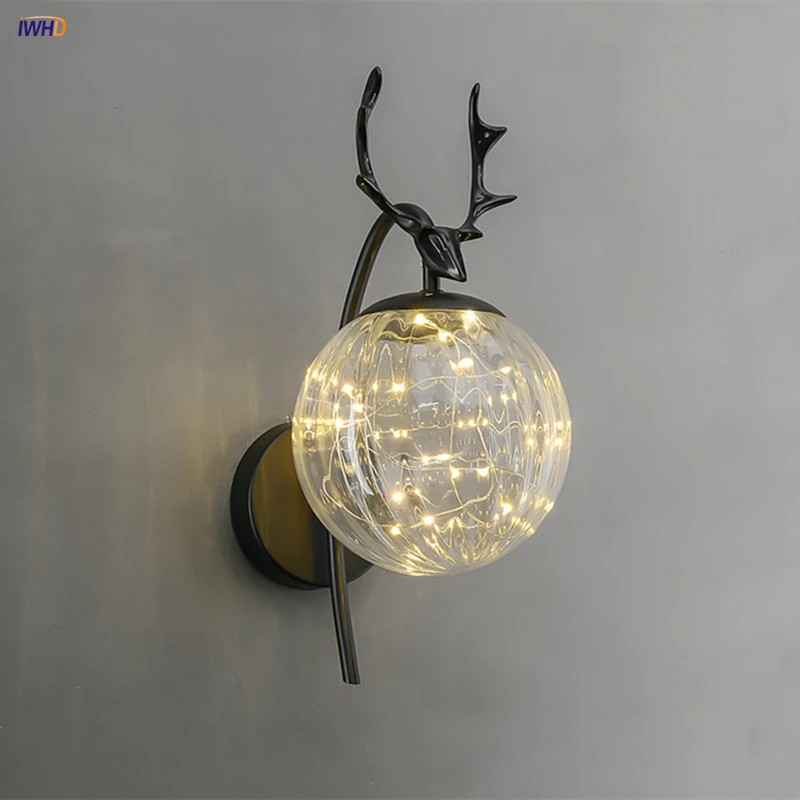 

Glass Ball Black LED Wall Lamps Modern Nordic Wall Lights Shining Stars Cute Deer Sconces Home Art Decor Living Room Bedroom