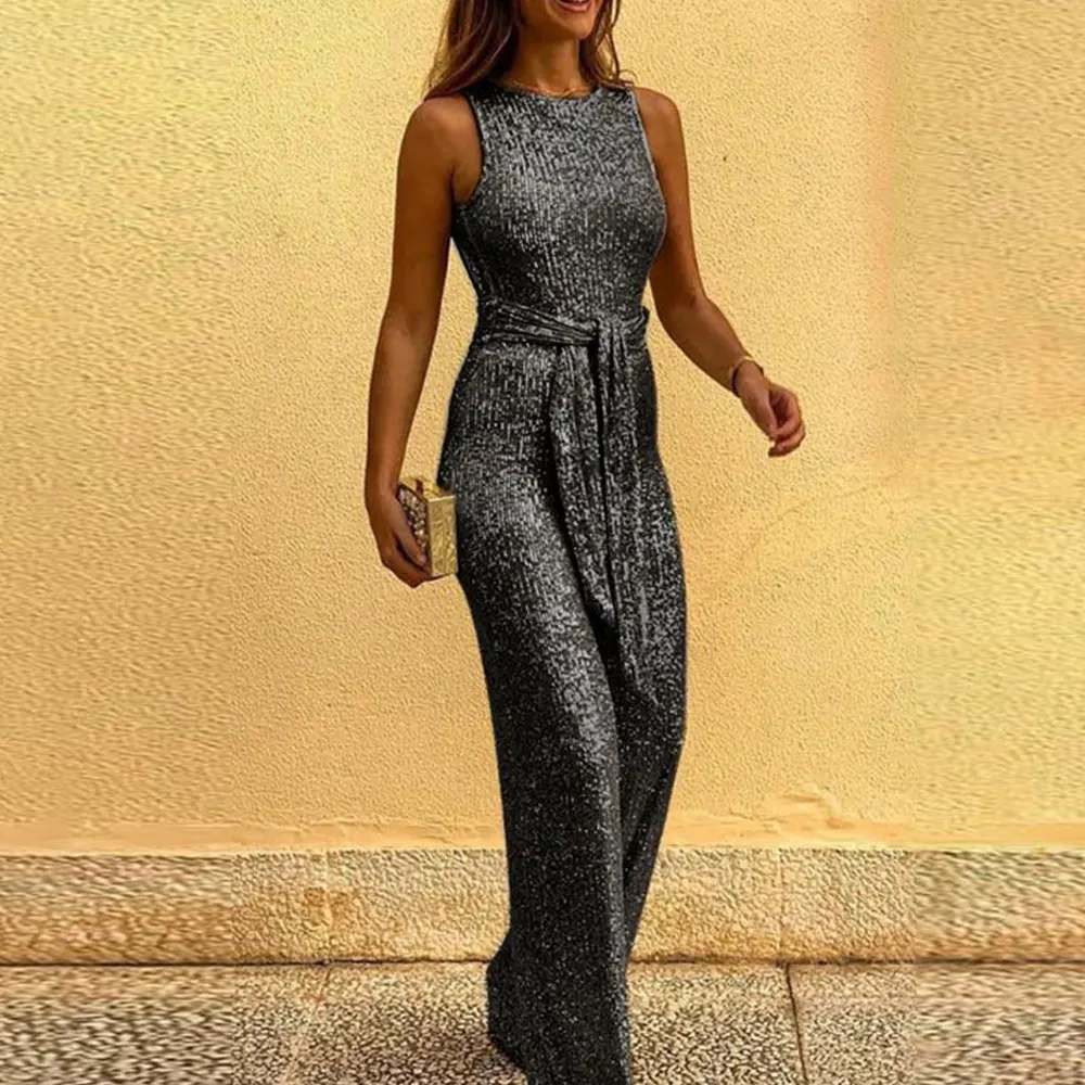 Women Elegant Sleeveless Sequin Glitter Shiny Jumpsuit Trousers Wide Leg Pants Sexy Slim Fit Backless Jumpsuit Romper Overalls