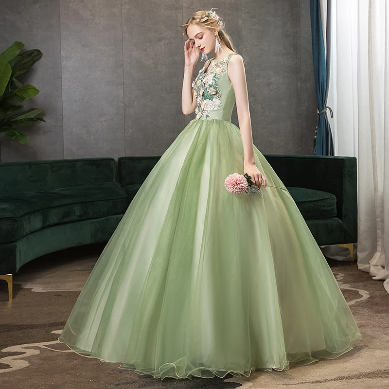 Y&M Novias Green Quinceanera Dress Elegant V-neck Party Prom Ball Gown Sleeveless Sweet Floral Print Plus Size Vestidos