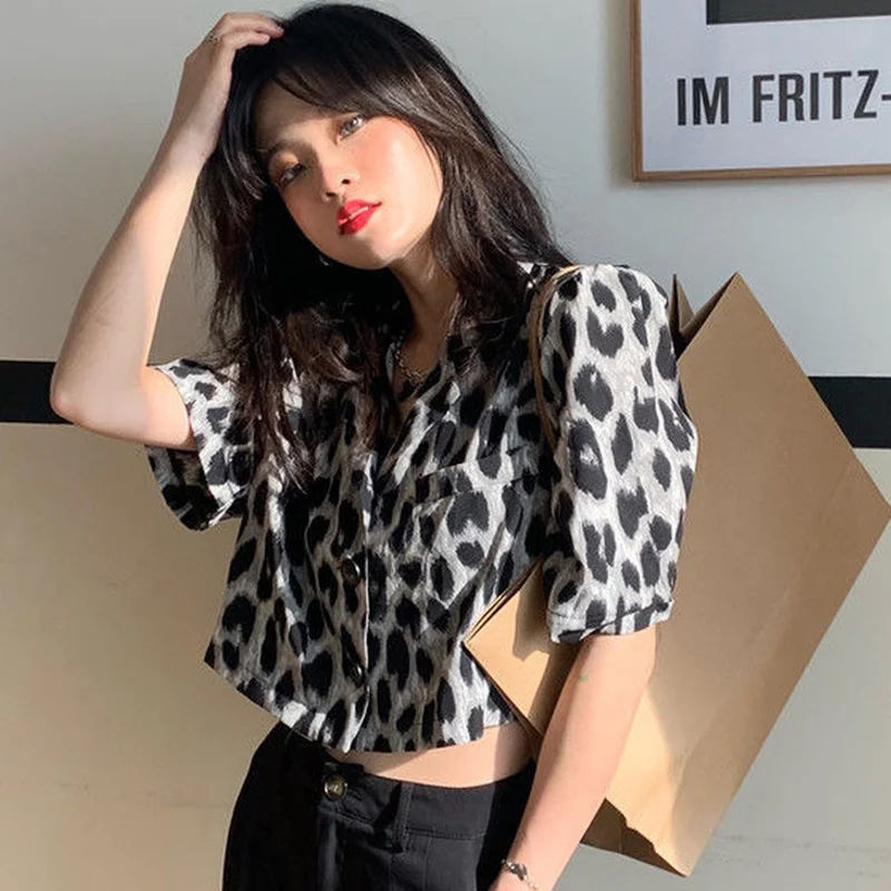 Shirt Women Leopard Chiffon Female Turn-down Collar Sexy Streetwear Fashion Casual Crop Top Short Sleeve Popular All-match Cool