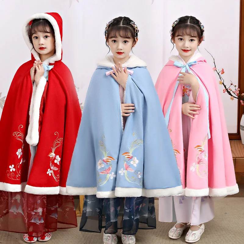 Girl's Hanfu Cape winter new Embroidery Plush Thicken Cloak Chinese Children Ancient Style Mantle Kids New Year's Wear Keep Warm