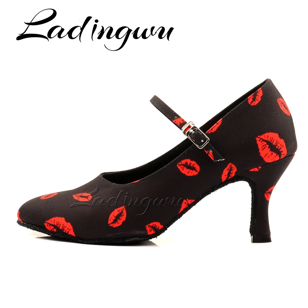 

Кроссовки Ladingwu, обувь для латинских танцев, женская обувь для учителей, черный каблук 5-8 см, женский атлас с красными губами, настраиваемый каблук, бальные танцы
