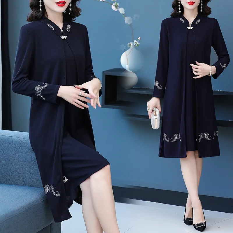 Middle-aged Mother Autumn and Winter Women's Bress Women's Clothing Vestidos Fake two Western Style Jacket Feast dress