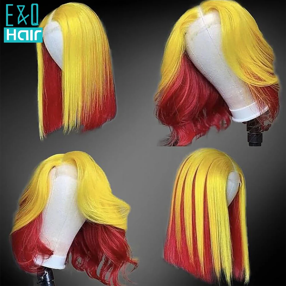 Peluca de color ombré para mujer, cabello humano liso, corto, Bob, brasileño, Remy, parte de encaje transparente, prearrancado con cabello de bebé