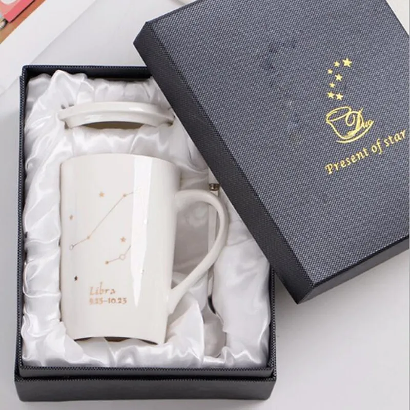 With Gift Box 12 Constellations Creative Ceramics Mugs with Spoon Lid White Porcelain Zodiac Milk Coffee Cup 400ML Water 1 set