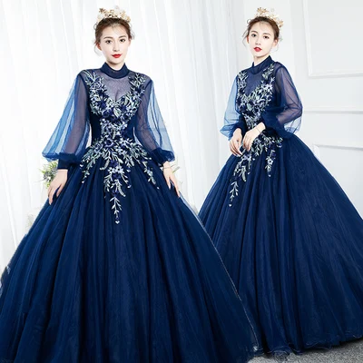 navy/pink flowers long lantern sleeve embroidery ball gown princess/queen Medieval Victoria Ball stage performance/event/studio